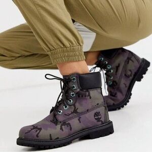 Timberland Women's 6" Premium Iridescent Purple, Black, and Gray Camo Boots